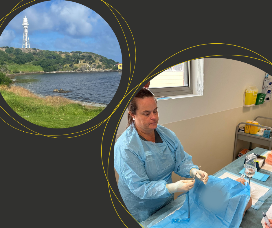 image of a nurse in action and an image of water and hills on King Island