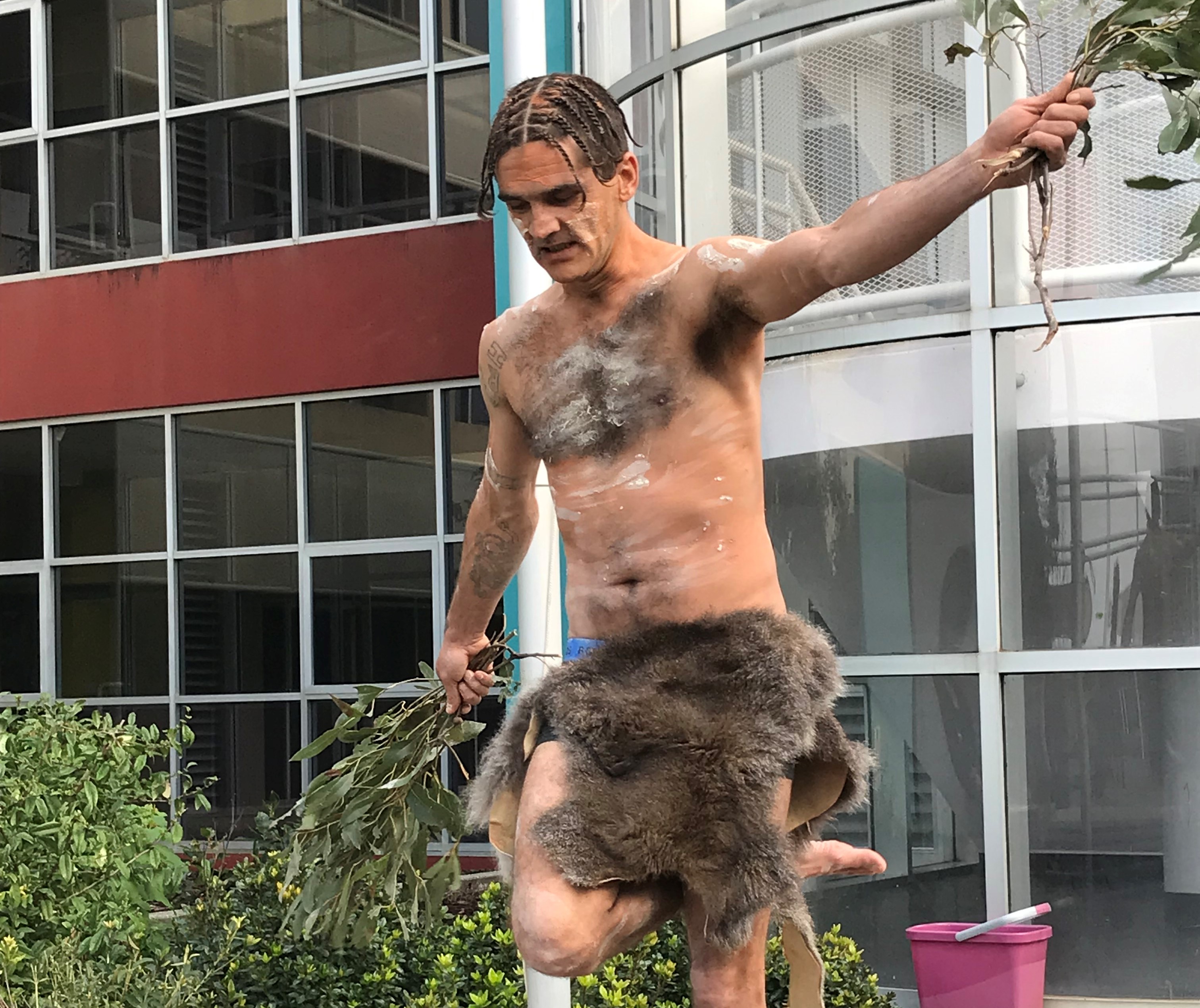 Aboriginal man performs traditional dance holding leaves