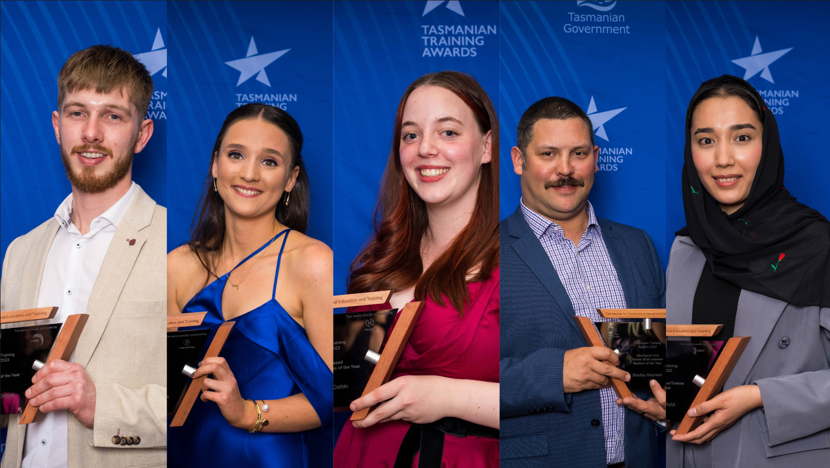 5 people holding their Tasmania Training Awards trophies