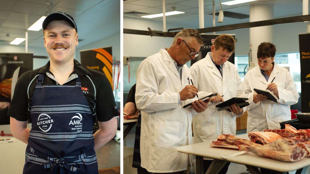 Oscar Campbell and judges at the 2025 Retail Butcher Apprentice of the Year Competition 
