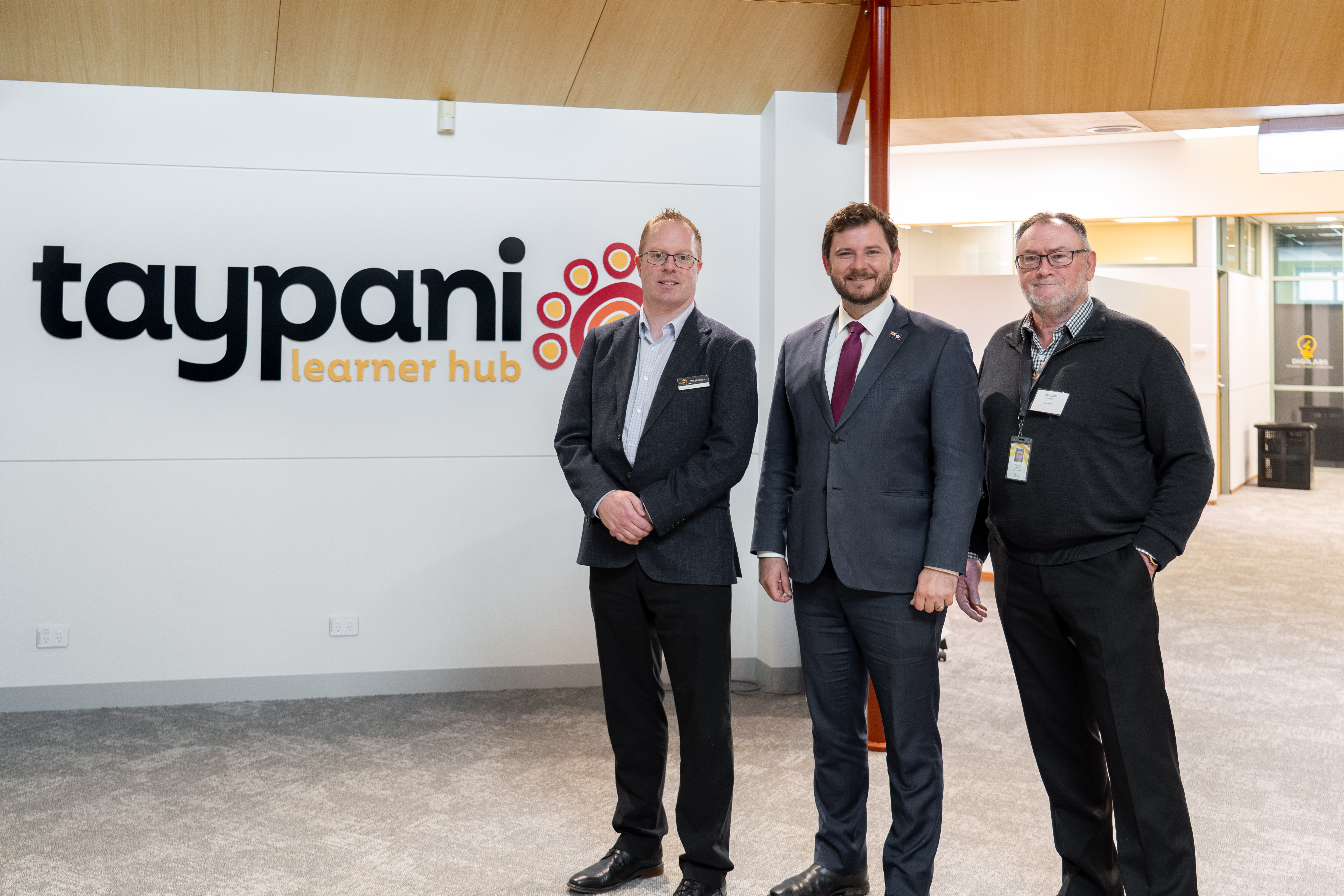 TasTAFE Interim CEO Will McShane, Minister for Skills and Jobs Felix Ellis and TasTAFE Project Manager Michael Campi.