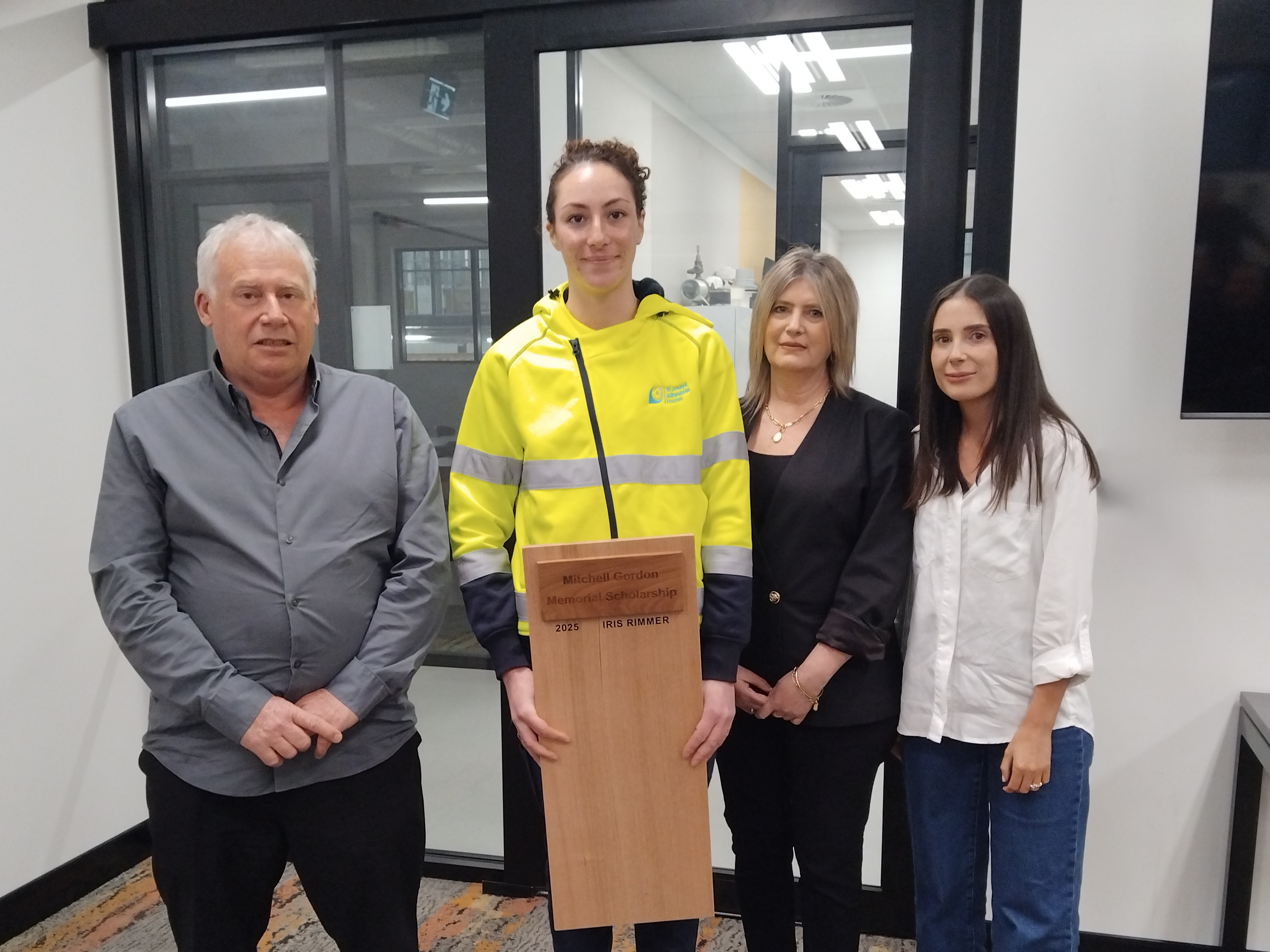 David Gordon, 2025 Mitchell Gordon Memorial Scholarship recipient Iris Rimmer, Leesa Gordon and Mykaela Howell at TasTAFE’s Clarence Campus.
