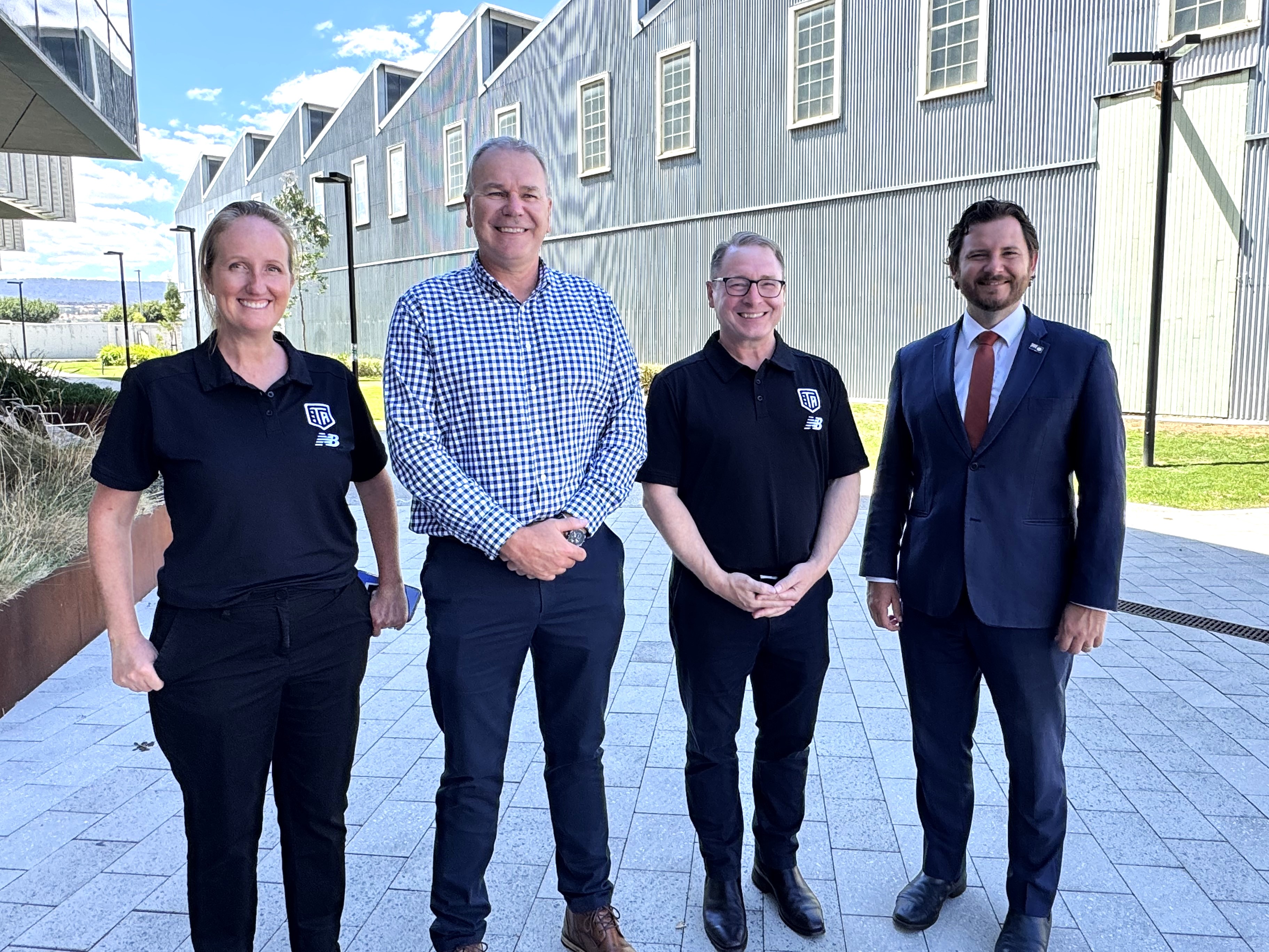 Celebrating Day 1 of the Tasmania Academy of Leadership and Sport (TALS) program in Launceston (L–R): Anna Reid, Senior Education and Development Manager, Tasmania Devils; Brendan Holland, Executive Director, Education Operations, TasTAFE; Glen McNeill, Senior Education Manager, Tasmania Devils; Hon Felix Ellis MP.