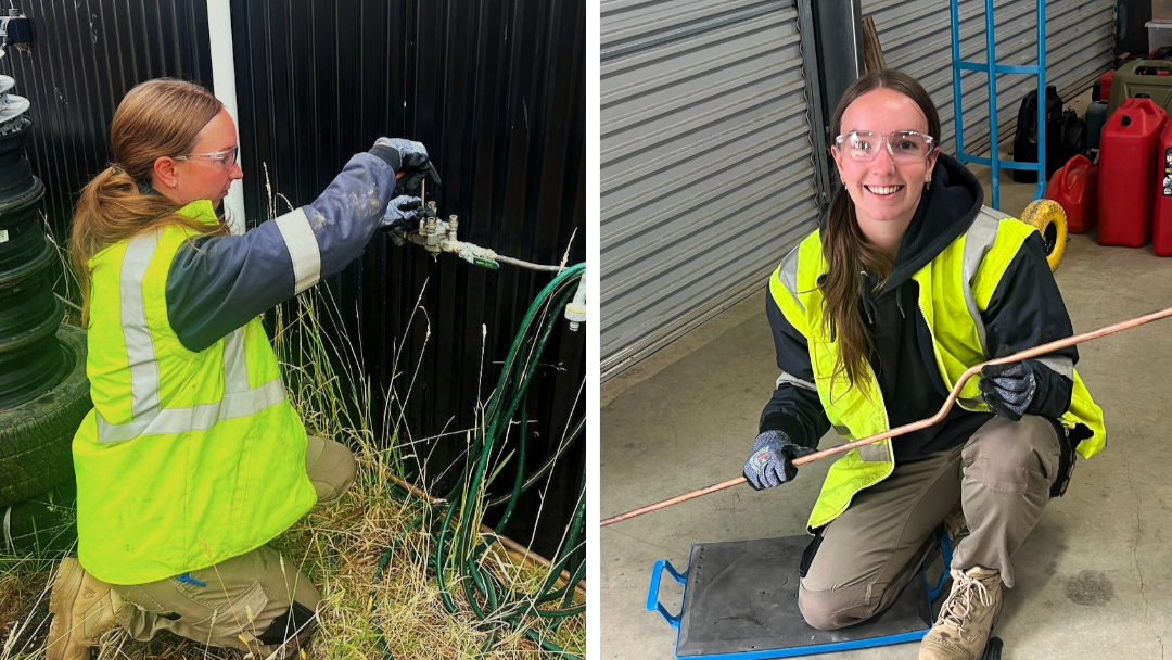 TasTAFE Certificate II in Plumbing graduate Tiannah Leonard working on-site with Hadspen Plumbing & Gas.