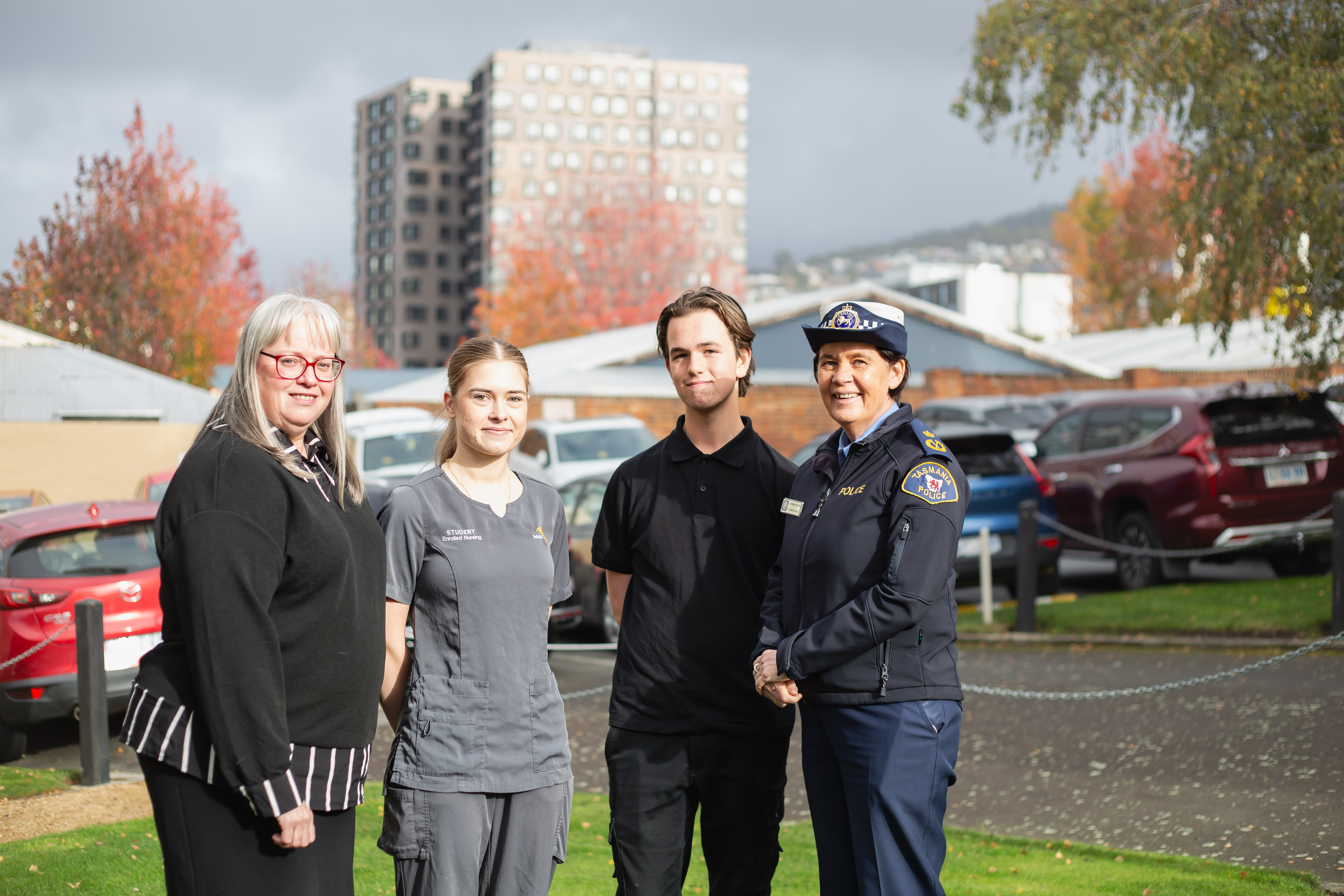 L-R: TasTAFE Executive Director, Governance and Corporate Affairs Colleen Sheehan, southern scholarship recipients Natasha Machin and River Campbell, and Chair of the Charity Trust Commissioner Donna Adams.  