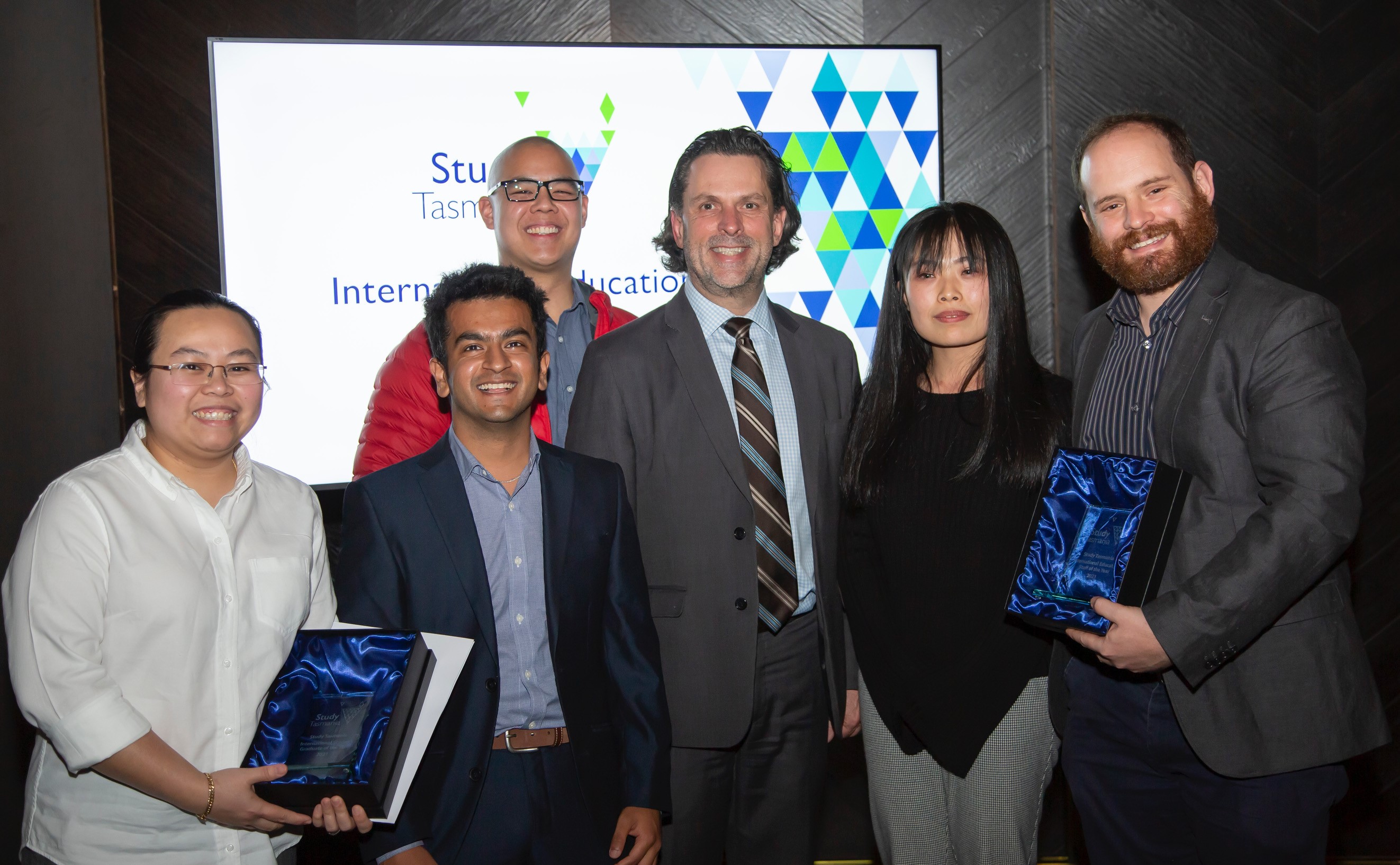 TasTAFE’s Study Tasmania International Education Award winners L-R: International Graduate of the Year – Huynh Van Phuong Nguyen (Anny), International Student of the Year for VET – Mandeep Jaiman, TasTAFE International Student Advisor Edgar Fergus Ho, TasTAFE CEO, Grant Dreher and TasTAFE International Student Advisors James Field and Angie Wu. 