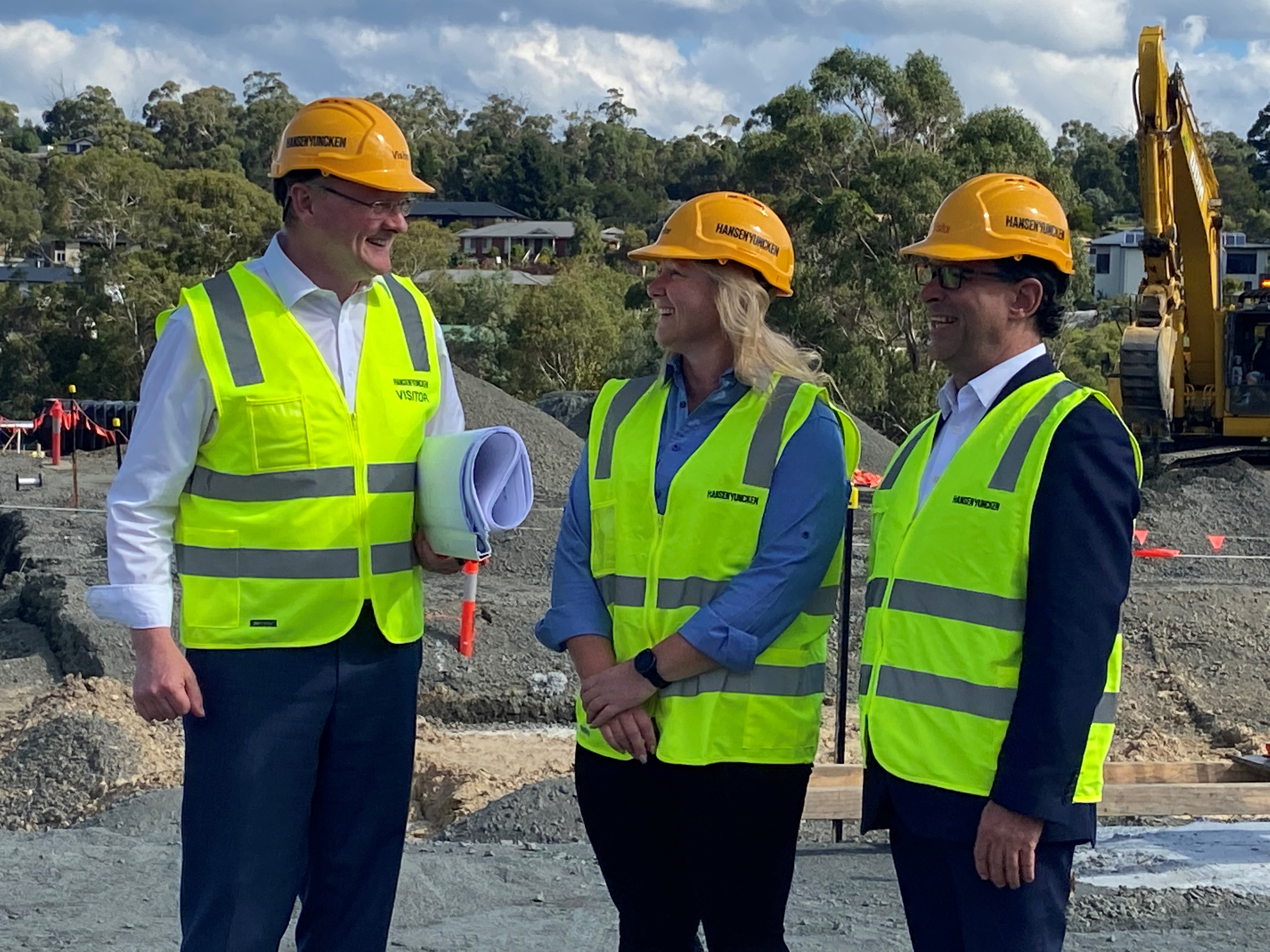 Minister Jaensch, Cath McDowell and Grant Dreher in construction gear at the TaTAFE WET Centre site 