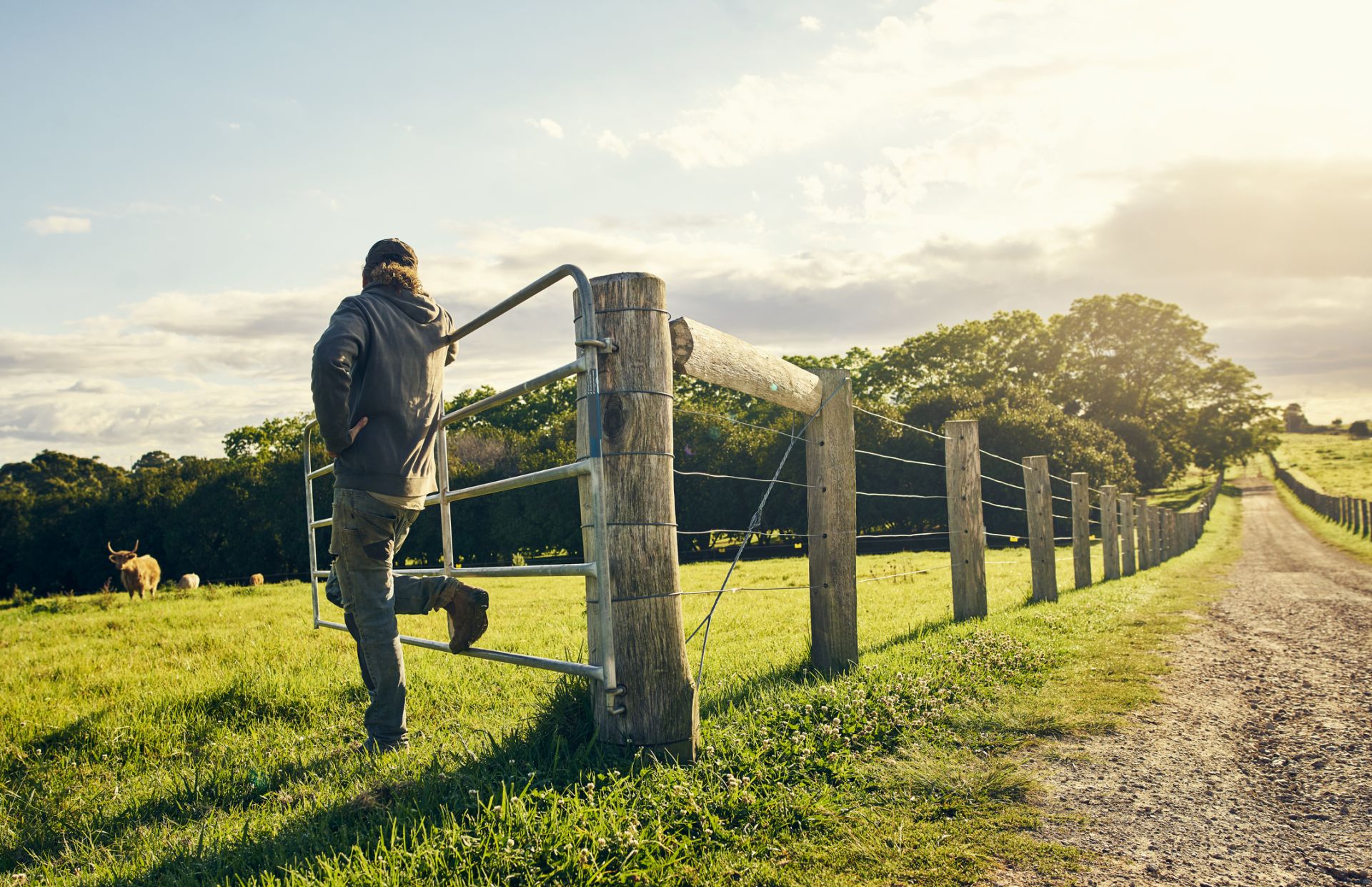 Man leaning on a gate with farm in background