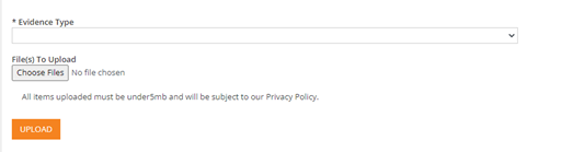 Screenshot of evidence document upload section of the aplication process for a course