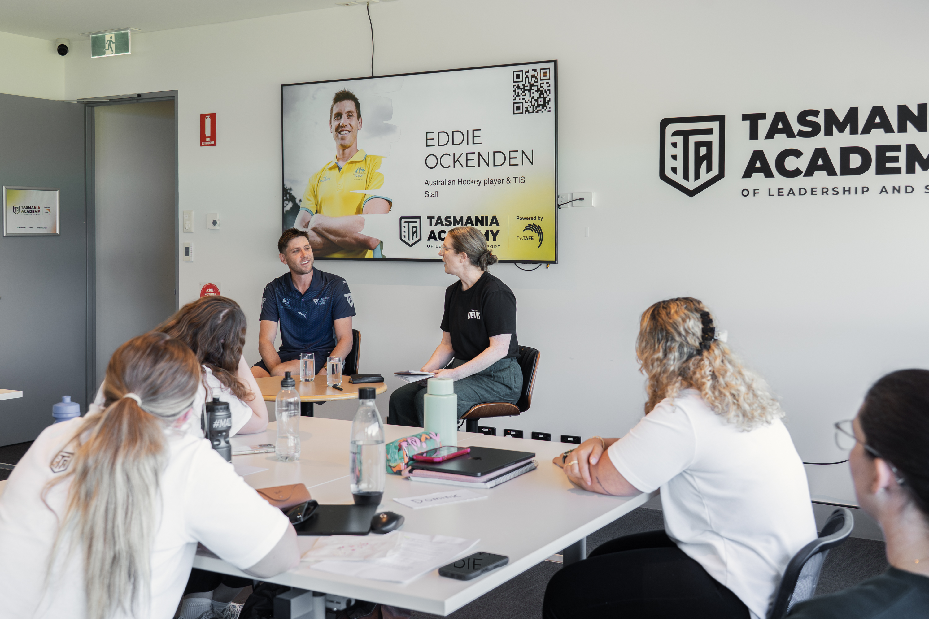 Guest speakers in front of a class at the Tasmanian academy of Leadership and Sport