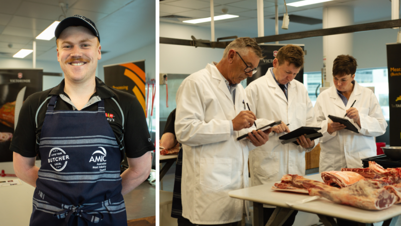 Oscar Campbell and judges at the 2025 Retail Butcher Apprentice of the Year Competition 