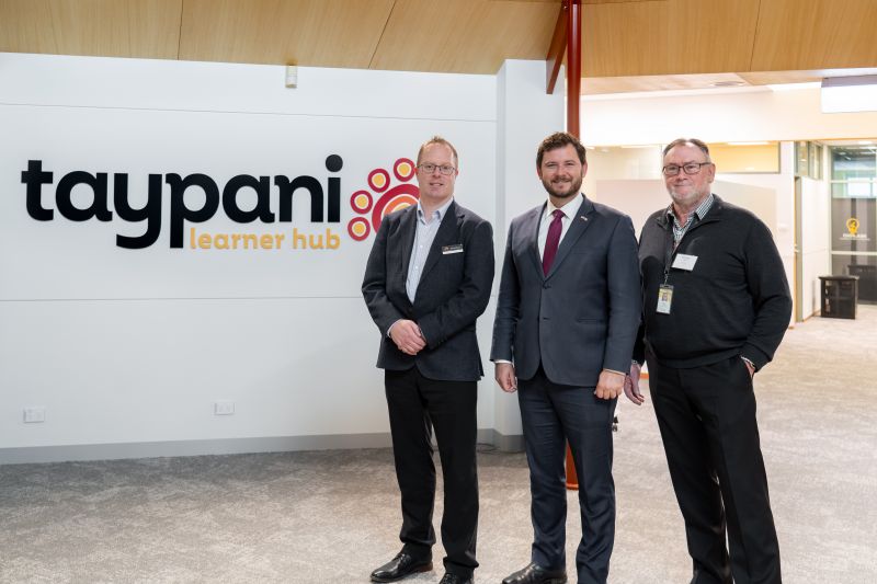 TasTAFE Interim CEO Will McShane, Minister for Skills and Jobs Felix Ellis and TasTAFE Project Manager Michael Campi.