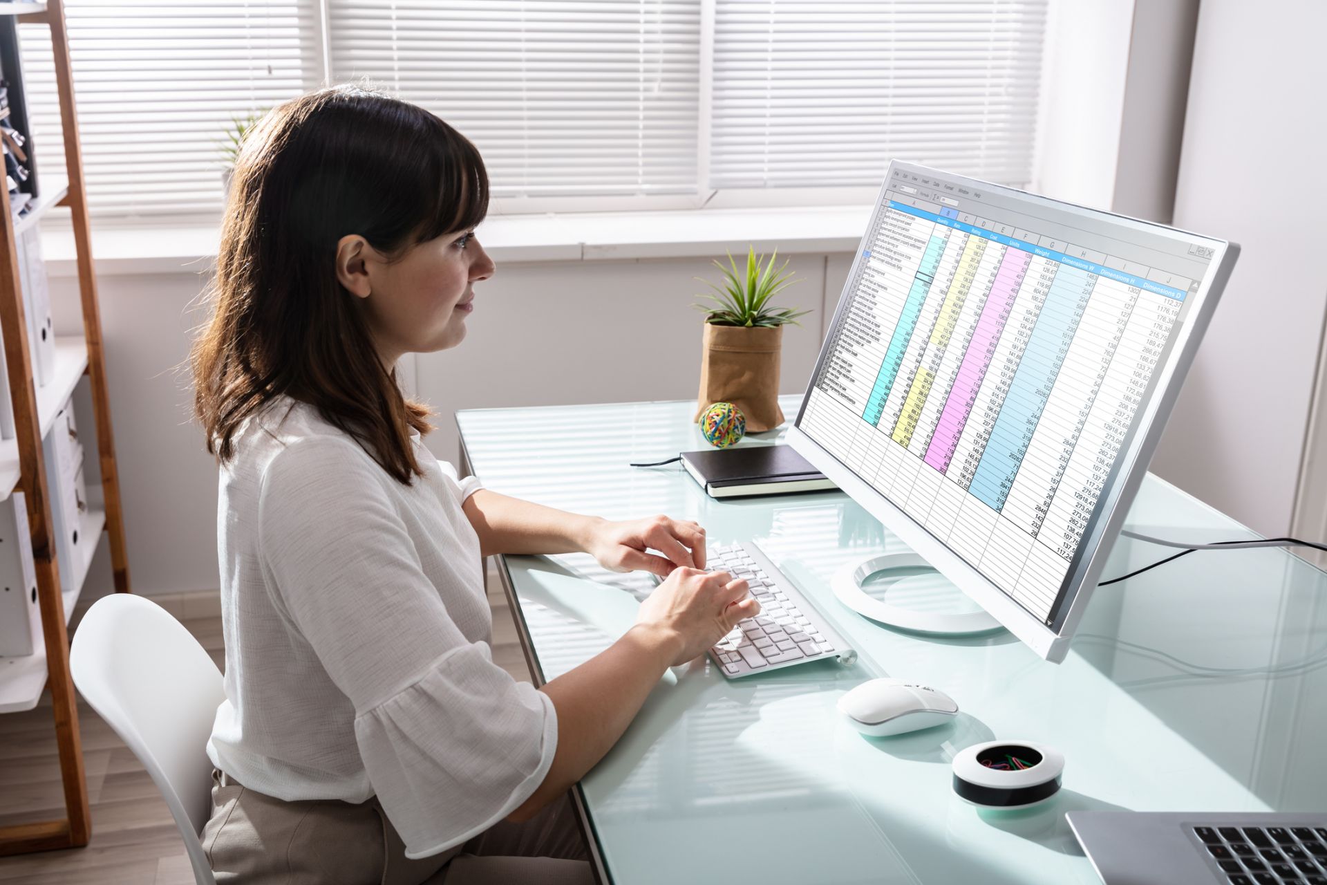 Woman filling in a spreadsheet on her computer