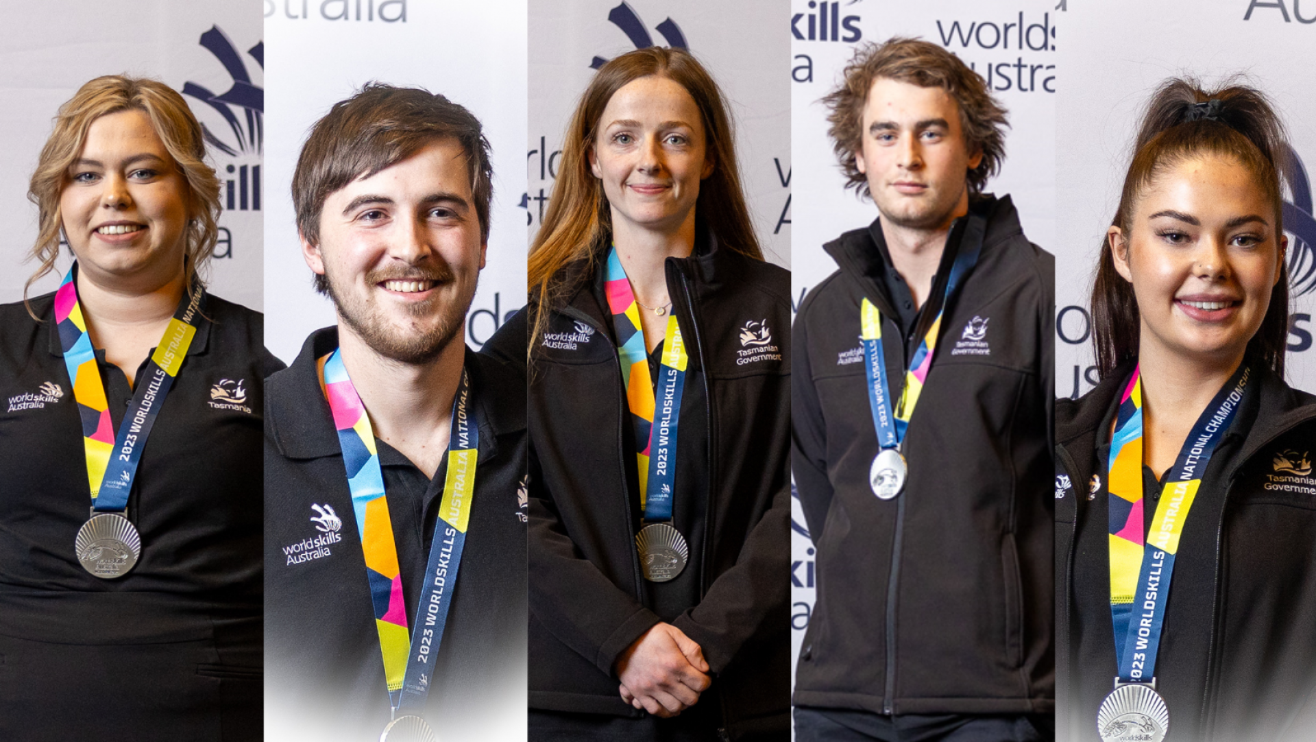 5 People with their WorldSkills silver medals hanging around their necks