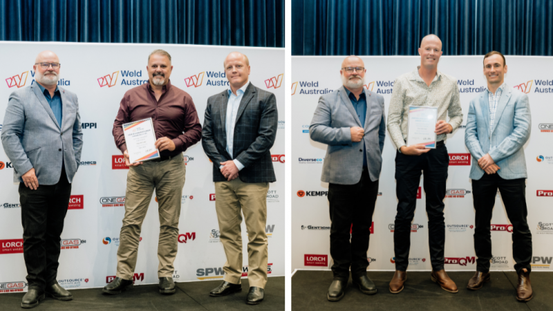 Simon Bailey and Rick Timmerman receiving their Weld Australia awards