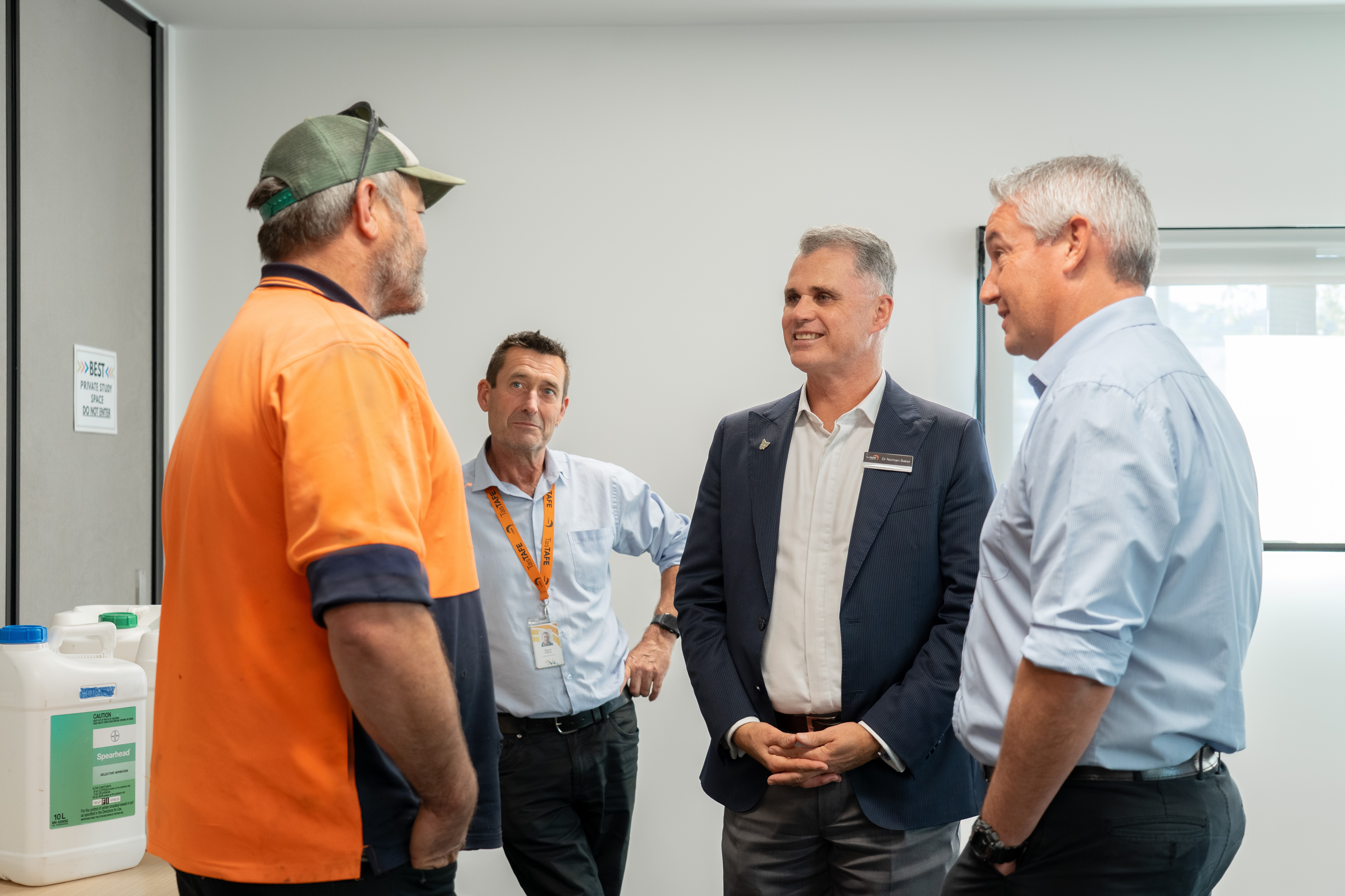 L-R: David Gould chats with TasTAFE’S Martin Killick, CEO Dr Norman Baker, and BEST Program Leader Andrew Hyatt.